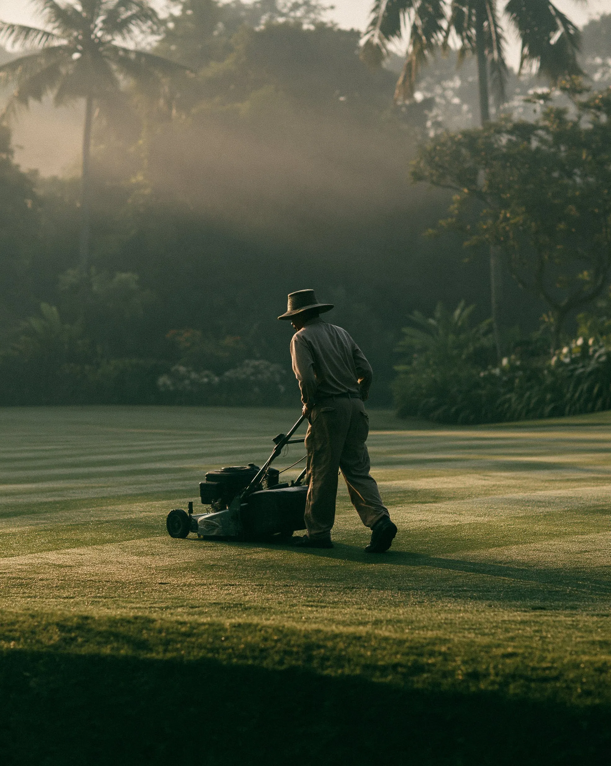 Seorang greenkeeper mendorong mesin potong rumput di atas green saat fajar